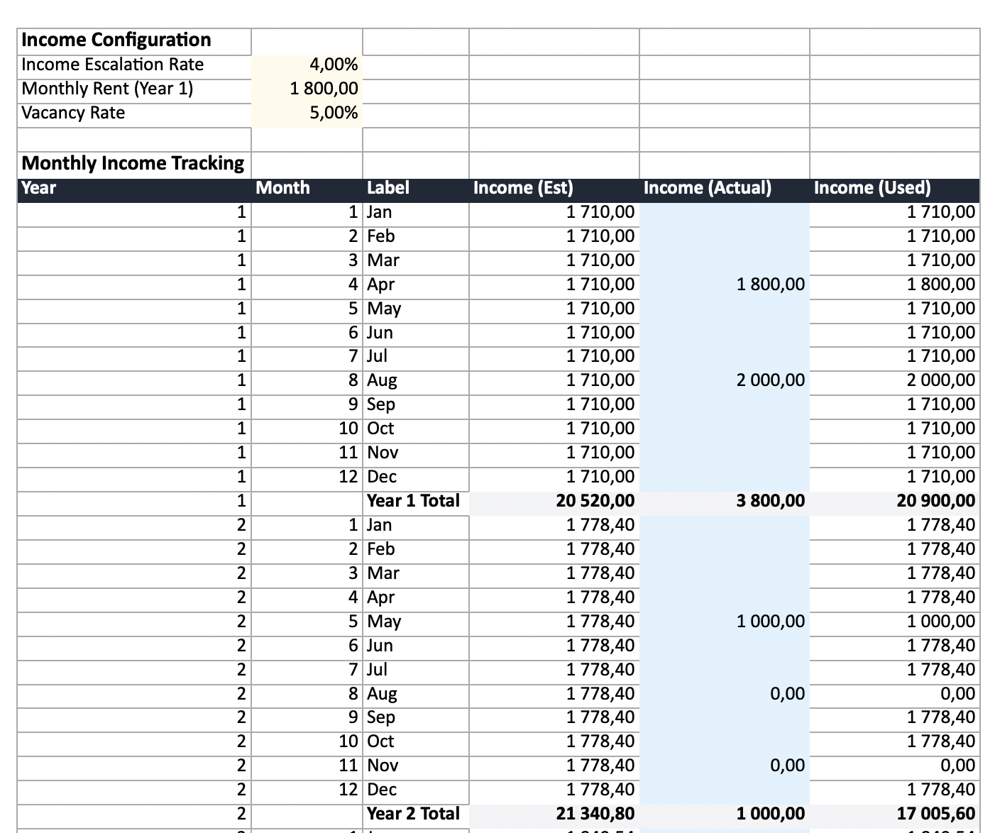 Monthly income tracking in the exported spreadsheet